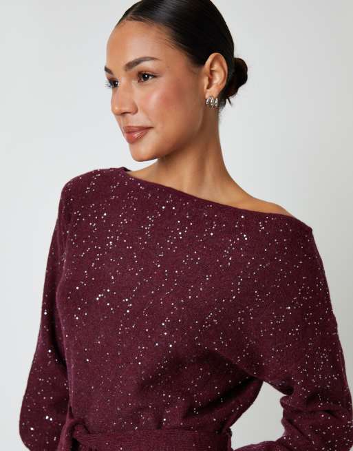 Threadbare Knitted sequin slash neck mini dress in wine, 3 of 4