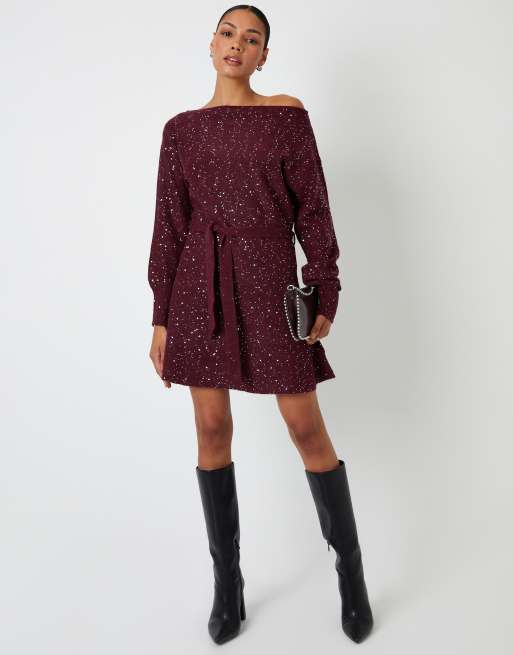 Threadbare Knitted sequin slash neck mini dress in wine, 4 of 4