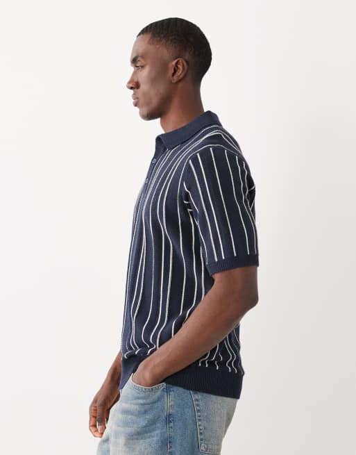 Threadbare knitted short sleeve pinstripe polo shirt in navy and ecru, 4 of 5