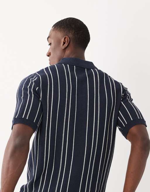 Threadbare knitted short sleeve pinstripe polo shirt in navy and ecru, 5 of 5