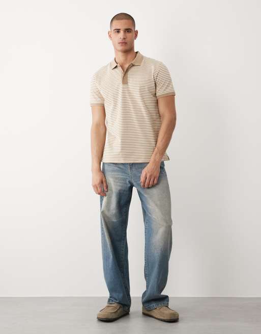 Threadbare knitted short sleeve polo top in stone and ecru stripe, 2 of 5