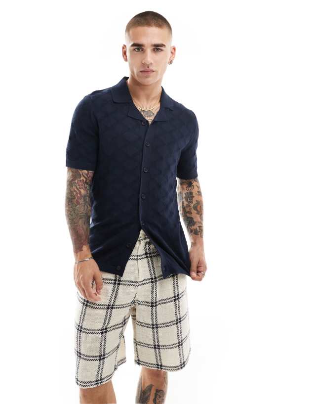 Threadbare - knitted short sleeve revere collar shirt in navy