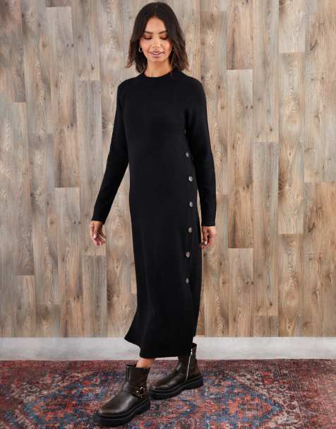 Threadbare Knitted side button detail maxi dress in black
