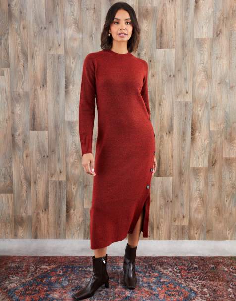 Threadbare Knitted side button detail maxi dress in terracotta