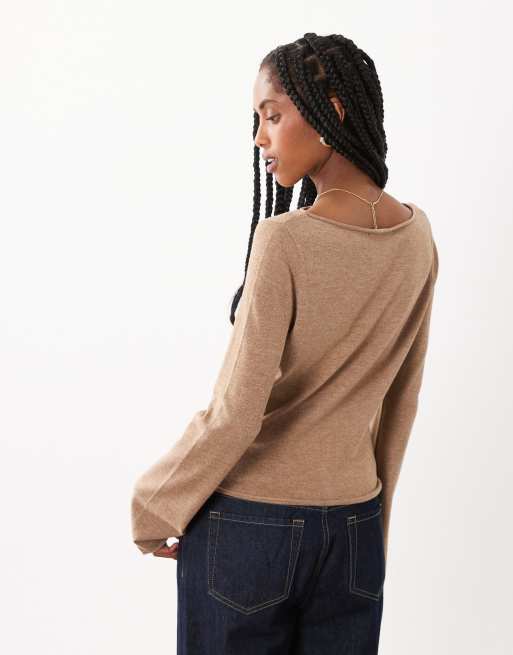 Threadbare knitted slash neck top in oat , 4 of 4