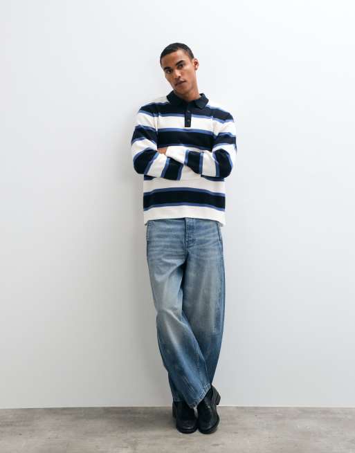 Threadbare knitted striped rugby polo neck in navy and ecru, 2 of 5