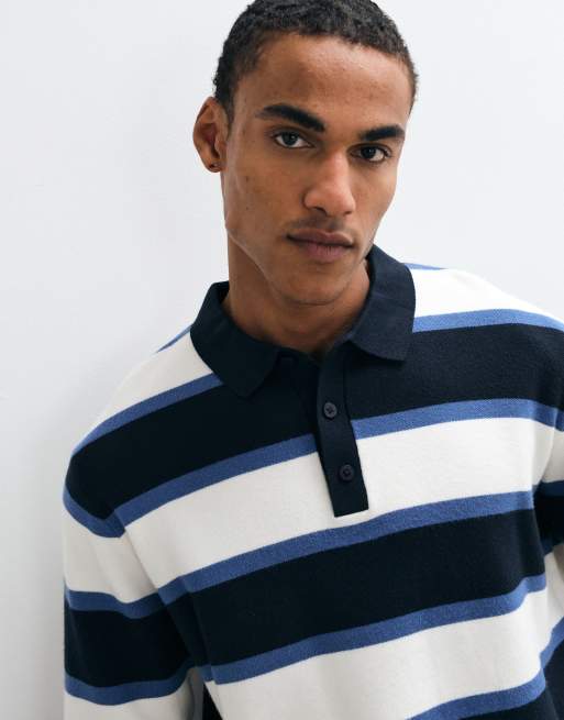 Threadbare knitted striped rugby polo neck in navy and ecru, 3 of 5