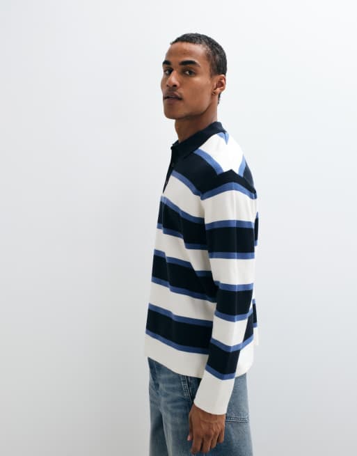 Threadbare knitted striped rugby polo neck in navy and ecru, 4 of 5