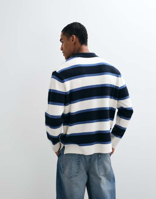 Threadbare knitted striped rugby polo neck in navy and ecru, 5 of 5