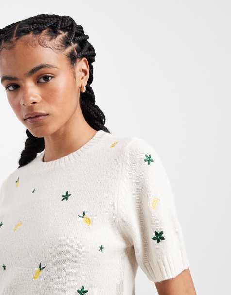 Threadbare knitted tee with lemon embroidery in ecru
