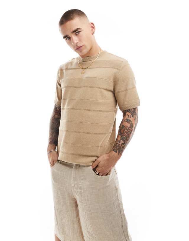 Threadbare - knitted textured stripe t-shirt in light stone