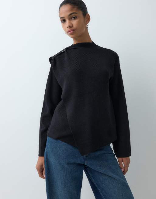 Threadbare knitted wrap over cape long sleeve jumper in black, 5 of 5