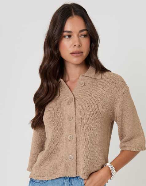 Threadbare Knitted yarn button up polo shirt in taupe - view 1