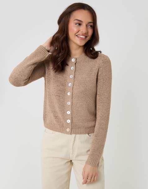 Threadbare Knitted yarn crew neck cardigan in taupe - view 1