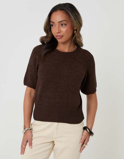 Threadbare Knitted yarn short sleeve t-shirt in chocolate - view 1