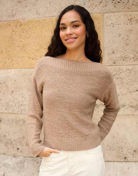Threadbare Knitted yarn slash neck jumper in taupe