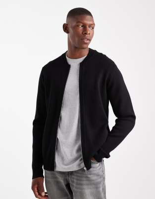 Threadbare Threadbare knitted zip through bomber cardigan in black