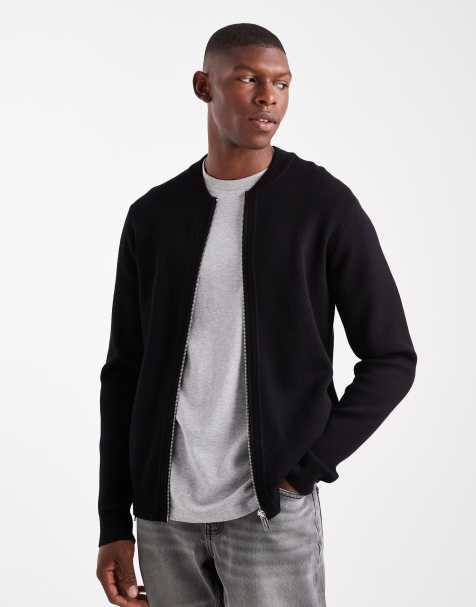 Threadbare knitted zip through bomber cardigan in black - view 1