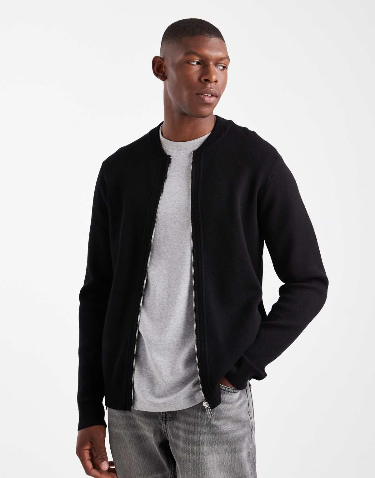 Threadbare knitted zip through bomber cardigan in black