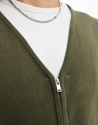 Threadbare knitted zip up vest in khaki
