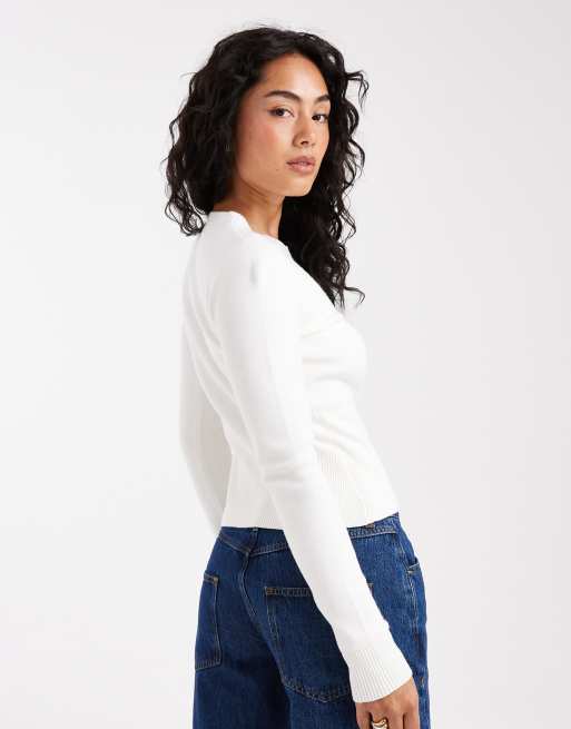 Threadbare – Kompakte Strickjacke in Wollweiß mit Knopfleiste, 4 von 4