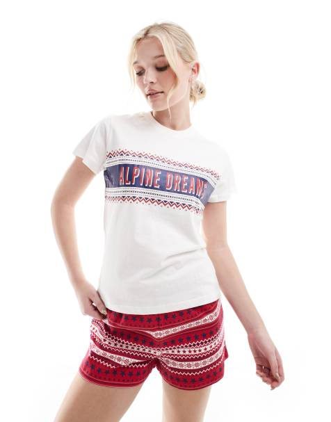 Threadbare - Korte pyjamaset met rode ski-print - view 1