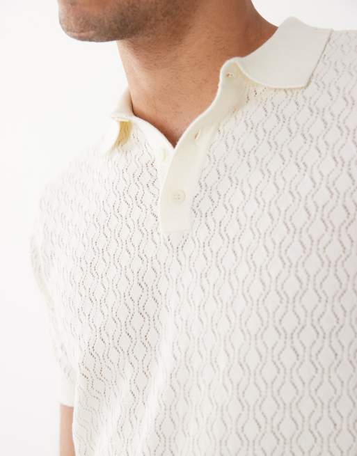Threadbare – Koszulka polo z krótkimi rękawami z ażurowej dzianiny w kolorze ecru, 4 z 5