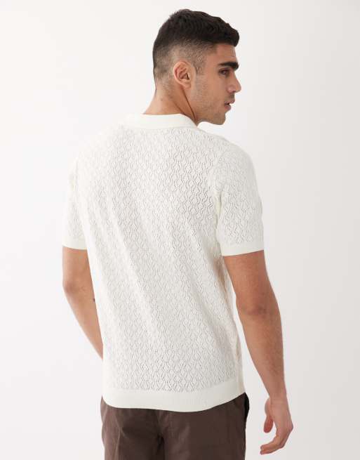 Threadbare – Koszulka polo z krótkimi rękawami z ażurowej dzianiny w kolorze ecru, 5 z 5