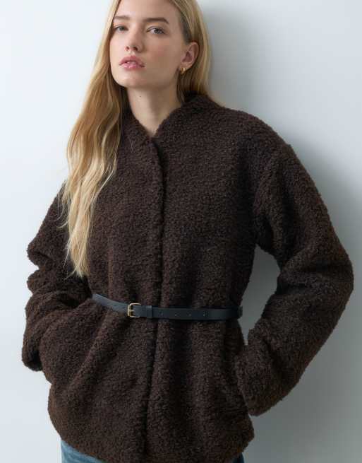 Threadbare kraagloze borg blazerjack met riem in chocoladebruin, 4 van 5