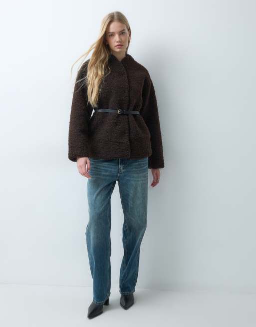 Threadbare kraagloze borg blazerjack met riem in chocoladebruin, 5 van 5