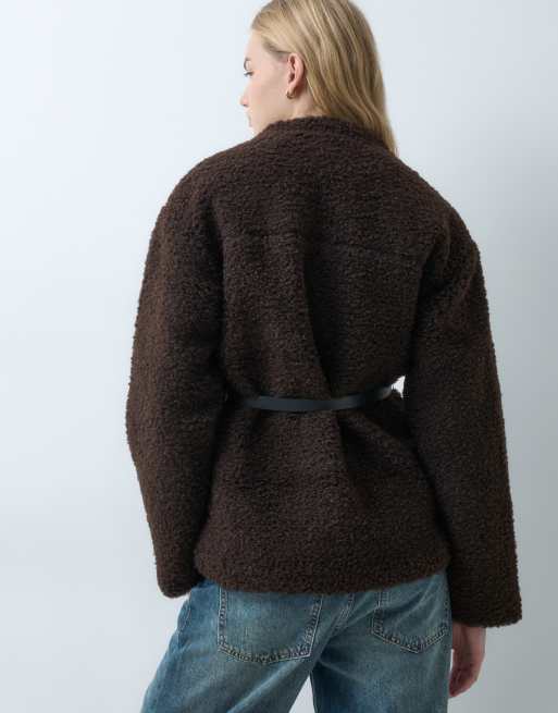 Threadbare kraglös borg-jacka i kavajstil med bälte, chokladbrun, 2 av 5
