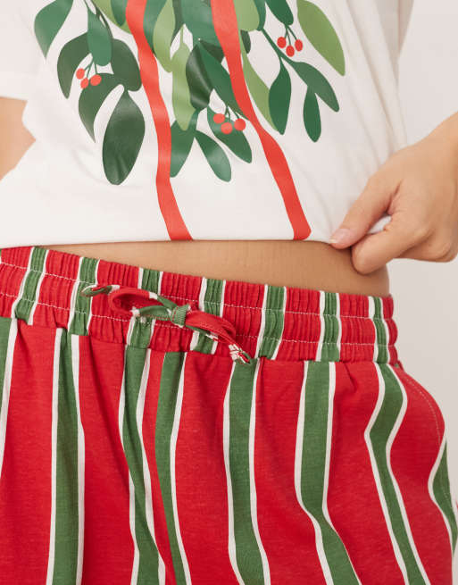 Threadbare – Krämvit och röd pyjamas med topp med korta ärmar och misteltryck och randiga byxor, 3 av 4