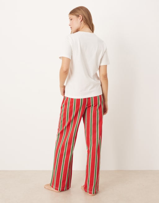 Threadbare – Krämvit och röd pyjamas med topp med korta ärmar och misteltryck och randiga byxor, 4 av 4