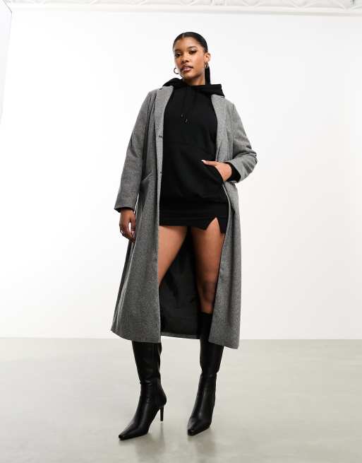 Threadbare – Krissy – Eleganter Maxi-Mantel mit Fischgrätmuster in Grau