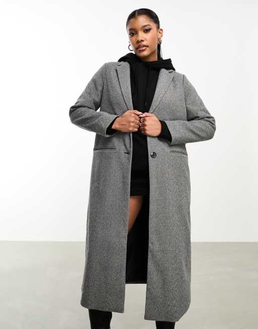 Threadbare Krissy formal maxi coat in grey herringbone