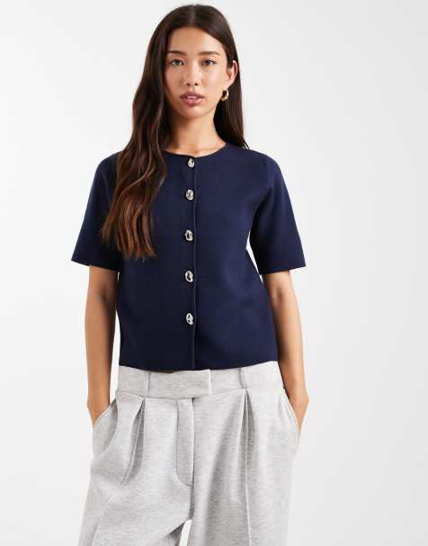 Threadbare – Kurzärmlige Strickjacke aus kompaktem Strick in Marineblau mit Kontrastknöpfen - view 1