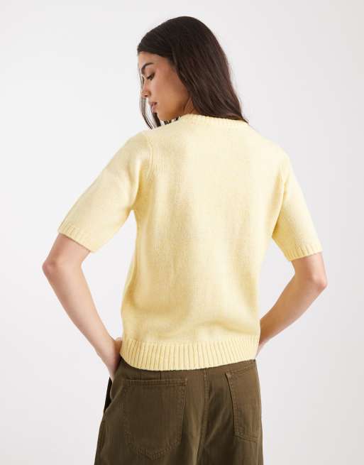 Threadbare – Kurzärmlige Strickjacke in Zitronengelb mit Rundhalsausschnitt, 3 von 4