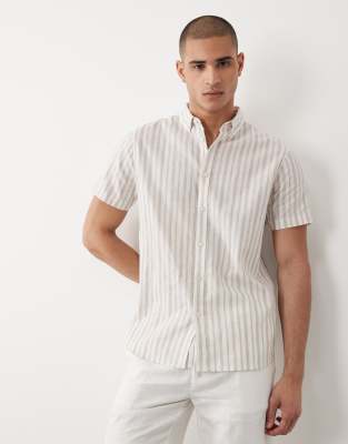 Kurzärmliges, gestreiftes Hemd aus Leinenmix in Steinbeige und Ecru-Neutral Neutral S
