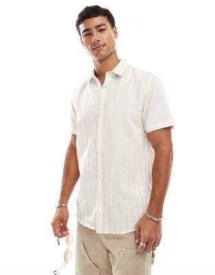 Kurzärmliges Hemd in Beige und Weiß gestreift-Neutral Neutral 2XL