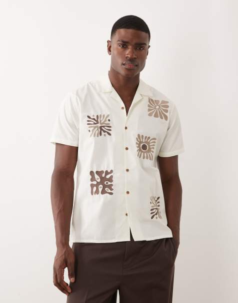 Threadbare – Kurzärmliges Hemd in Ecru mit aufgesticktem Korallenmotiven - view 1