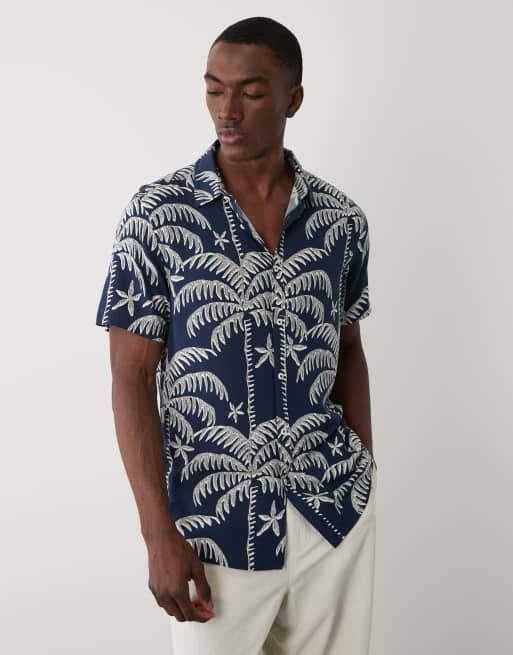 Threadbare – Kurzärmliges Hemd in Marineblau mit Palmenmuster, 2 von 5