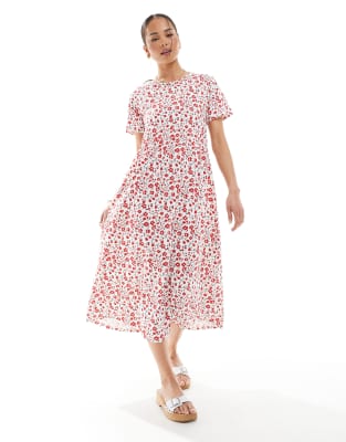 Threadbare - Kurzärmliges Jersey-Midikleid mit rotem Blumenprint mit Taschen
