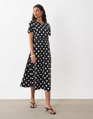Kurzärmliges Midikleid aus Jersey in Schwarz mit weißen Polka-Dots Schwarz 36