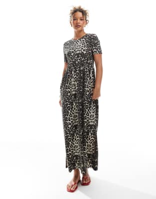 Threadbare - Kurzärmliges Midikleid aus Jersey mit Leopardenprint und tiefer Taille-Bunt