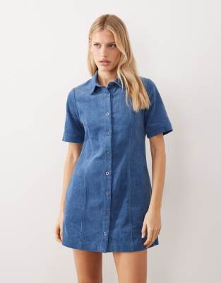 Threadbare - Kurzärmliges Minikleid aus Cord in Blau
