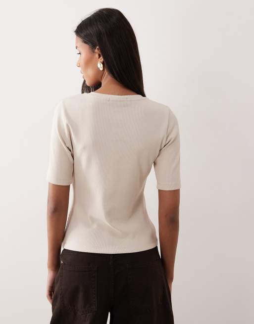 Threadbare – Kurzärmliges Oberteil in Ecru mit durchgehender Knopfleiste, 4 von 4