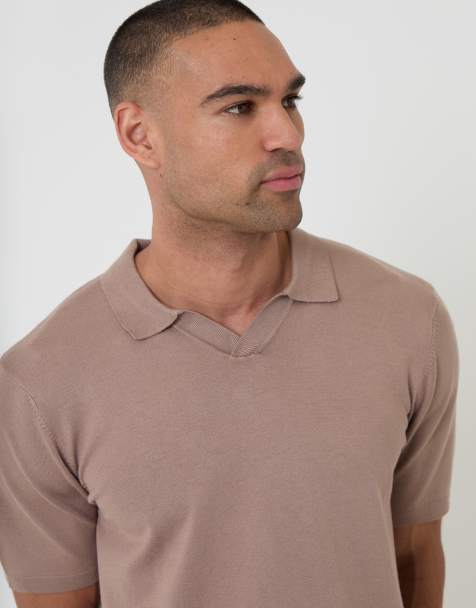Threadbare – Kurzärmliges Polo-Oberteil aus Strick in Taupe mit Trophy-Ausschnitt - view 1