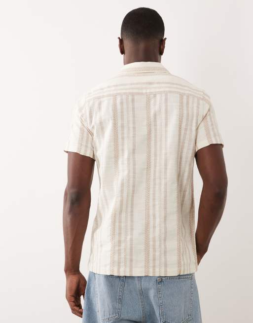 Threadbare – Kurzärmliges, strukturiertes Baumwollhemd in Steinbeige und Ecru gestreift, 3 von 5