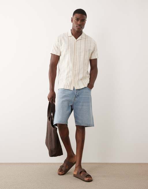 Threadbare – Kurzärmliges, strukturiertes Baumwollhemd in Steinbeige und Ecru gestreift, 5 von 5