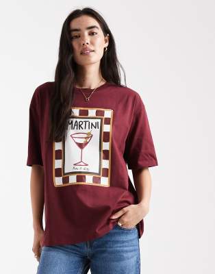 Threadbare - Kurzärmliges T-Shirt aus Baumwolle in Burgunderrot mit Martini-Grafik